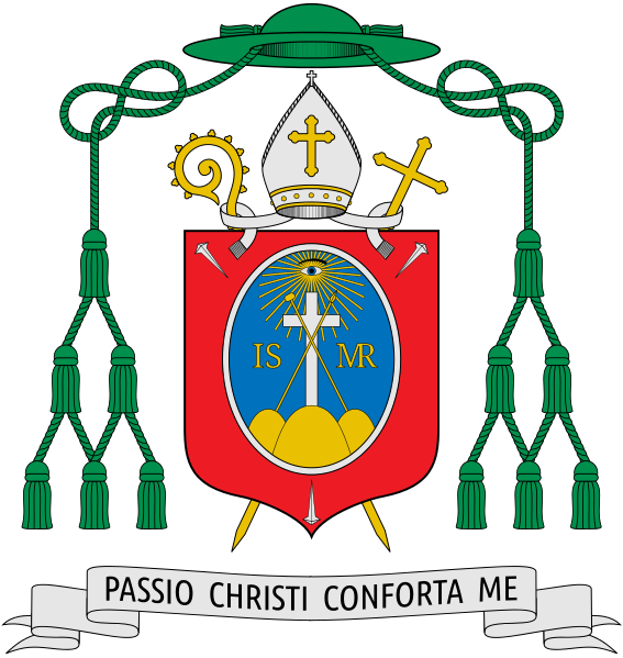 Biskupský znak a heslo Jana Nepomuckého Neumanna:  „Utrpení Kristovo, posilni mě!“