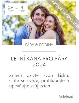 Letní KÁNA  pro páry 29. 7. - 4. 8. 2024 Tuchoměřice, Velehrad