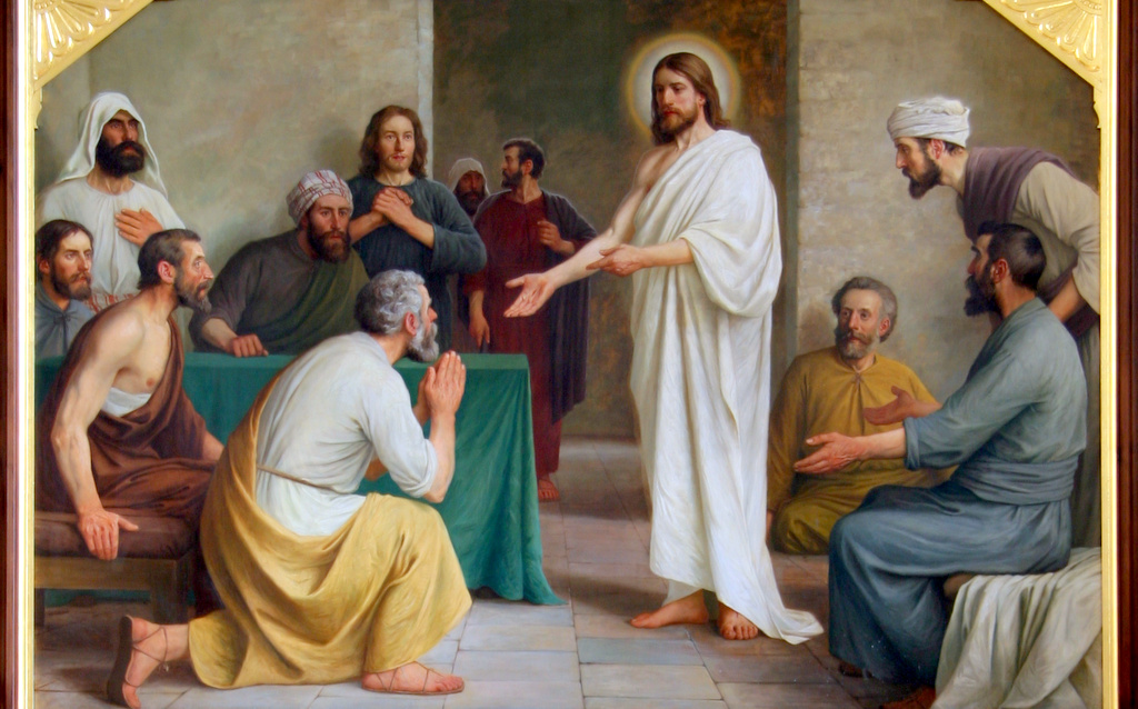 Nevěřící Tomáš / wikimedia / Sions Kirke in Copenhagen, Denmark. Altar. Painting by Poul Steffensen (1866-1923)